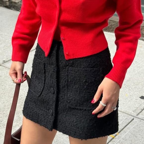 Doen Elina Tweed Boucle Button Pocket High Waist A Line Mini Skirt Black - Picture 1 of 14